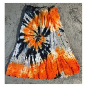 Valentina Naldi Tie Dye Eyelet‎ Midi Skirt Size L Orange Navy